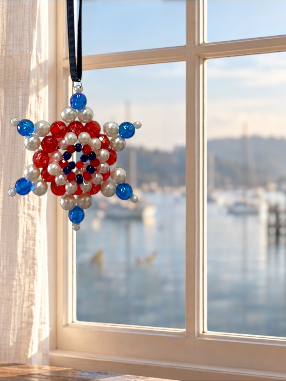 Wild Violet Handmade Bead Star Ornament "Compass Rose" on Velvet Ribbon
